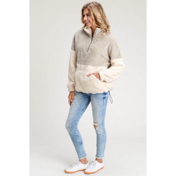 Two Tone Fuzzy Pull Over Sweater - Taupe/Cream - Picture 2 of 8